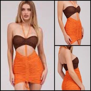 Mistress Rocks Let Me Go Chocolate Orange Print Ruched Halter Mini Dress Size S